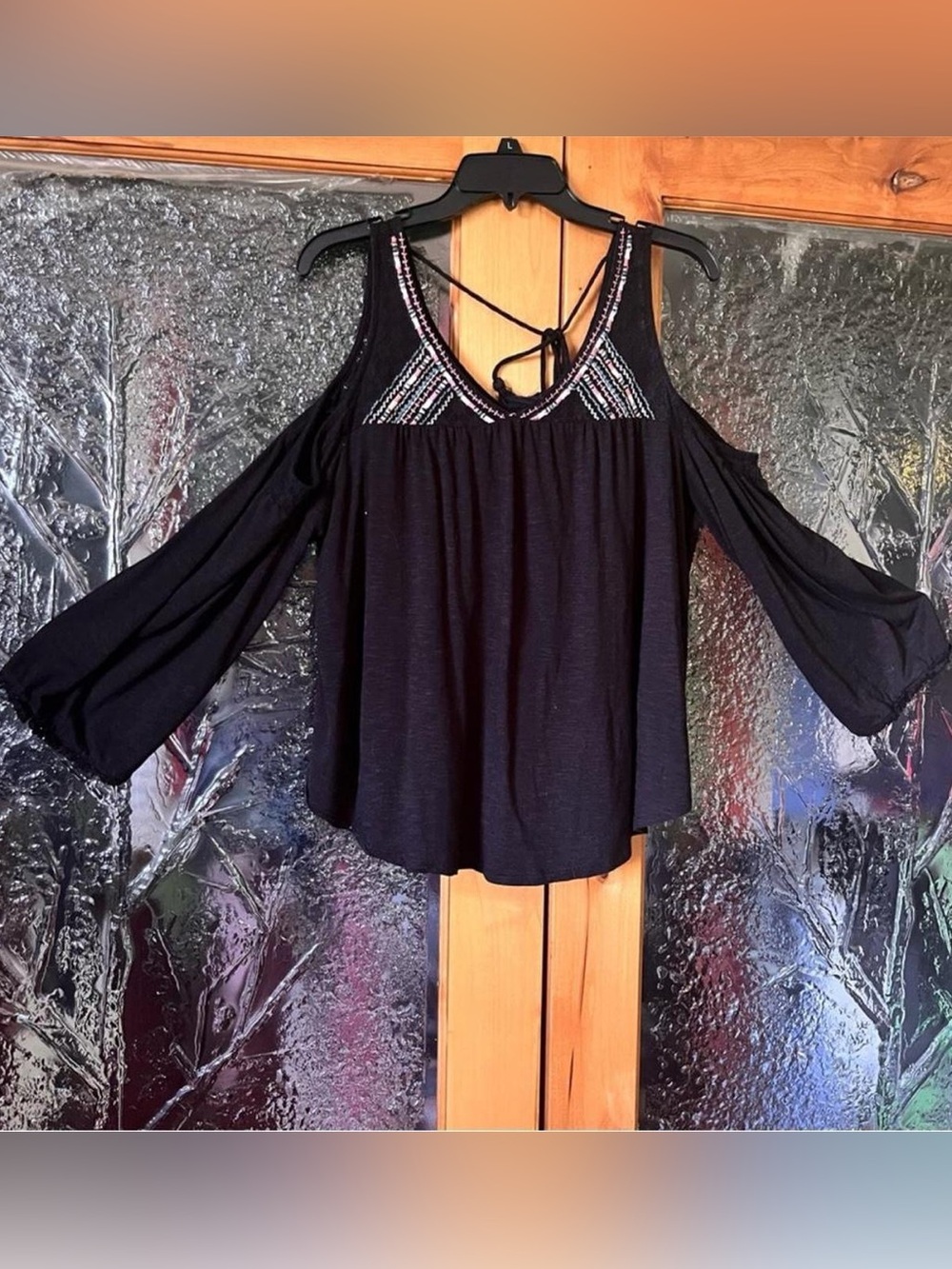 Xhilaration Black Cold-Shoulder colorful embroidered V-Neck